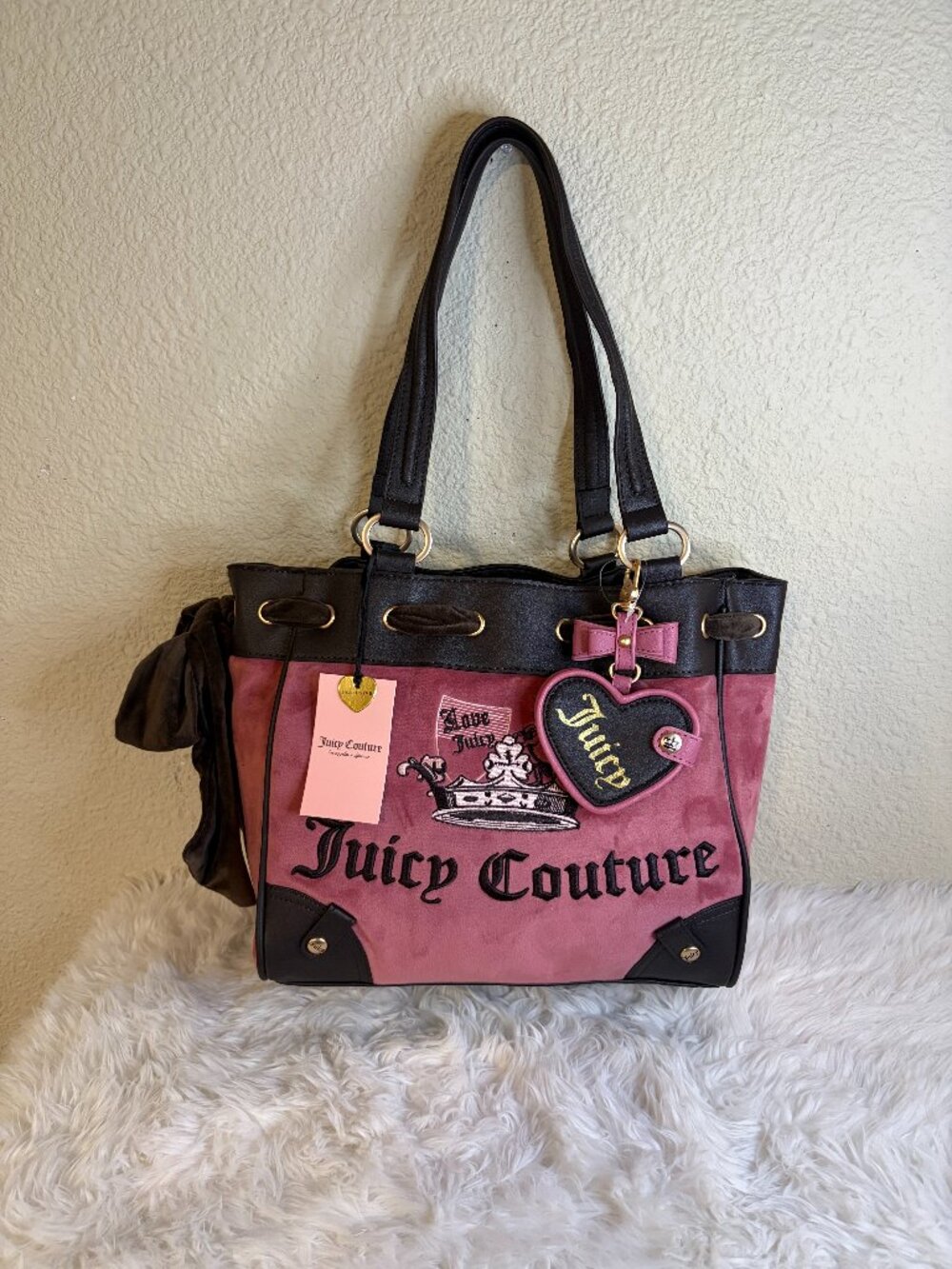 Juicy Couture Juicy Crown Daydreamer Tote Chateau Rose Pink Brown Bow Charm NWT